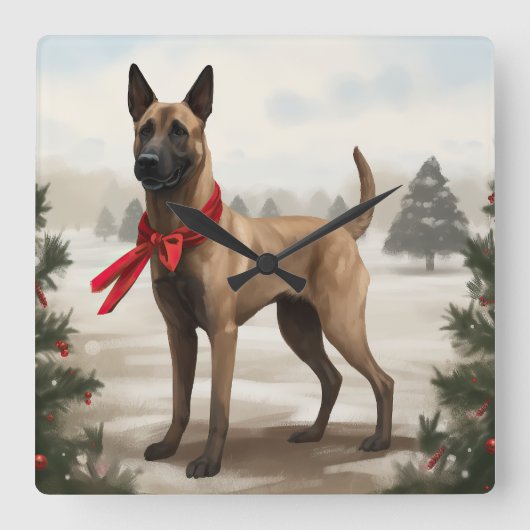 ベルジアン・マリノアの犬と雪のクリスマス スクエア壁時計 (正面)