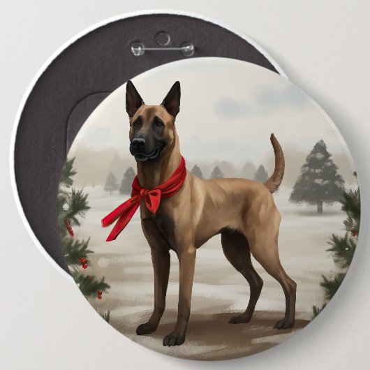 ベルジャンマリノアの犬の雪のクリスマス 缶バッジ (正面&裏面)