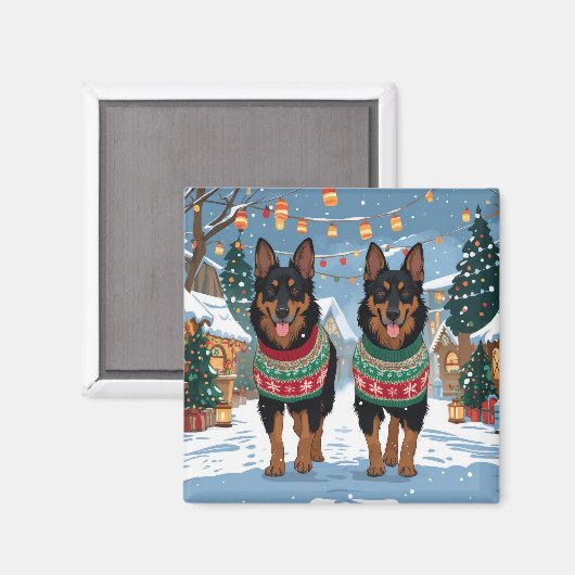 ベルジャンマリノア犬 クリスマス スノー ホリデー マグネット (正面/裏面)