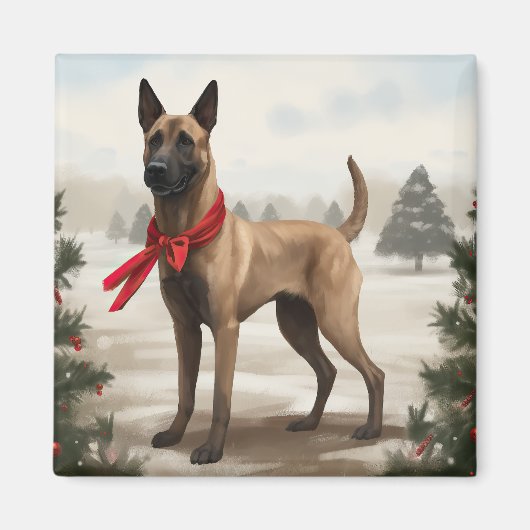 ベルジャン・マリノアの犬の雪のクリスマス マグネット (正面)