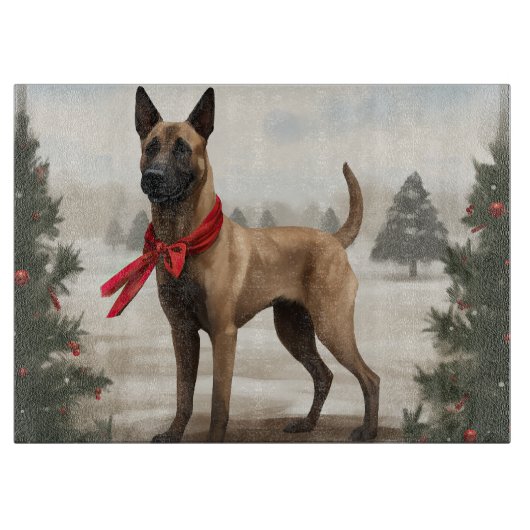 ベルジャン・マリノアの犬 雪のクリスマス カッティングボード (正面)