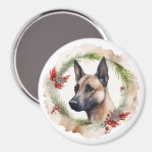 ベルジャン・マリノワ・クリスマスリースの祝祭の仔犬 マグネット (正面/裏面)