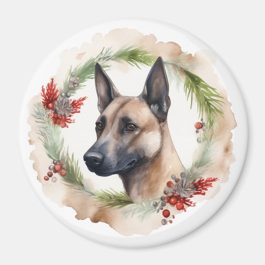 ベルジャン・マリノワ・クリスマスリースの祝祭の仔犬 マグネット (正面)