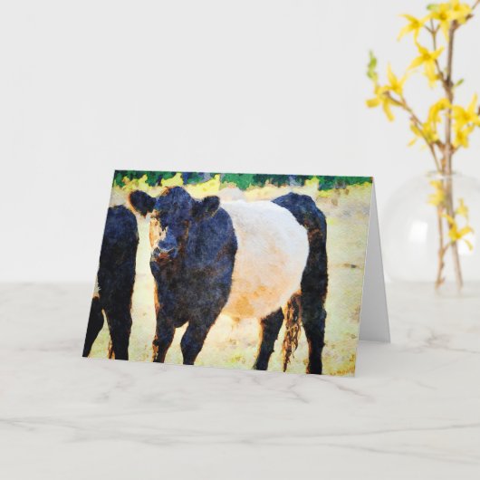 ベルティ牛の水の色絵画のベルテッドガロウェイアート カード (黄色い花)