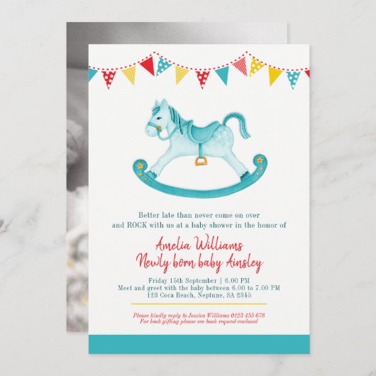 ベルテッドベビーシャワーアクアロッキングホースベビー 招待状 (正面/裏面)
