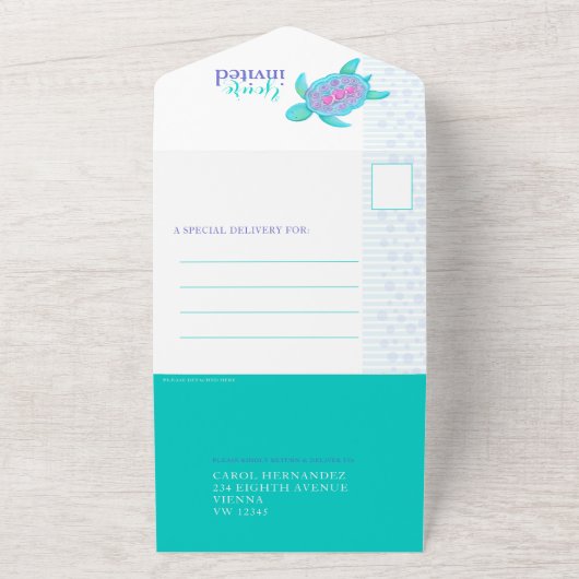 ベルテッドベビーシャワー水色タートルアクア オールインワン招待状 (外側)