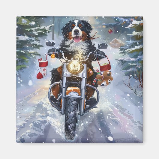 ベルナーゼンネンハウンド バイクに乗る クリスマス マグネット (正面)