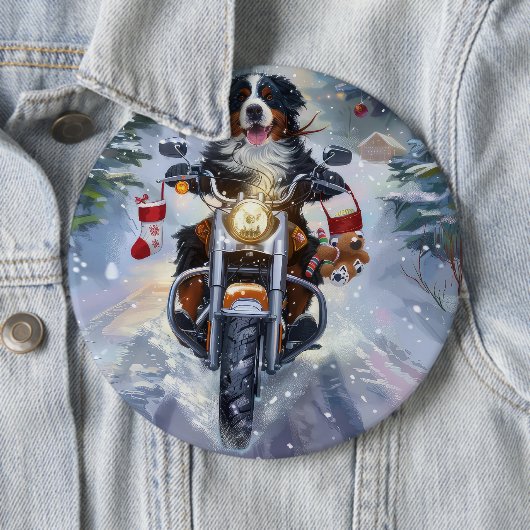 ベルナーゼンネンハウンド バイクに乗る クリスマス 缶バッジ (インサイチュ)