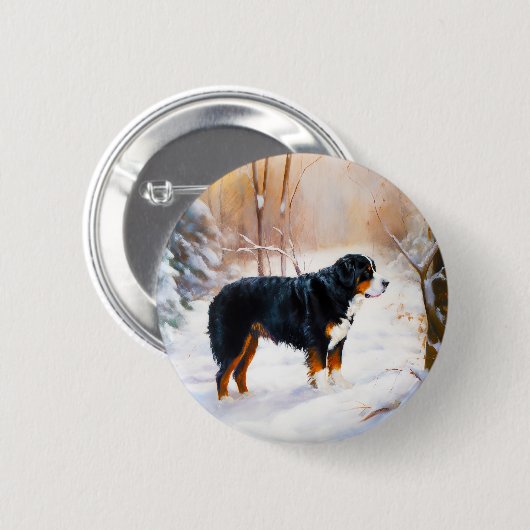 ベルナーゼンネン犬 雪が降る クリスマス 缶バッジ (正面&裏面)