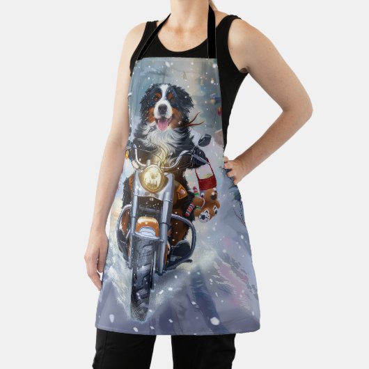 ベルネーズマウンテンドッグオートバイクリスマスに乗る エプロン (インサイチュ)