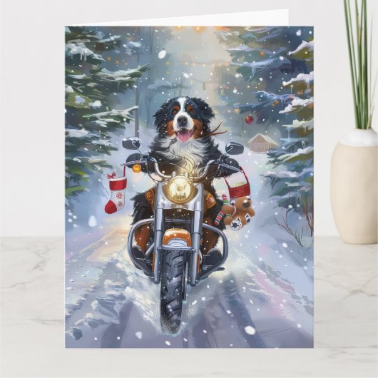 ベルネーズマウンテンドッグオートバイクリスマスに乗る カード (正面)