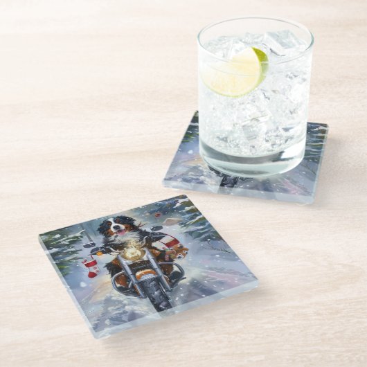 ベルネーズマウンテンドッグオートバイクリスマスに乗る ガラスコースター (アングル)