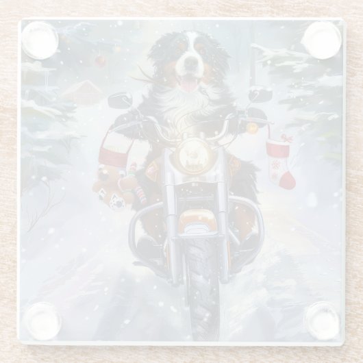 ベルネーズマウンテンドッグオートバイクリスマスに乗る ガラスコースター (裏面)