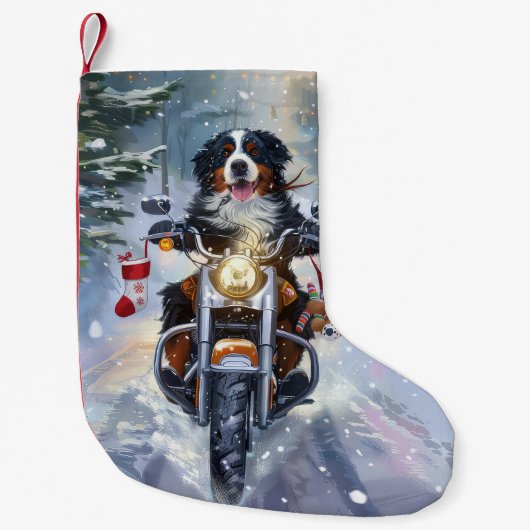 ベルネーズマウンテンドッグオートバイクリスマスに乗る スモールクリスマスストッキング (正面)