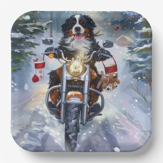 ベルネーズマウンテンドッグオートバイクリスマスに乗る ペーパープレート (正面)