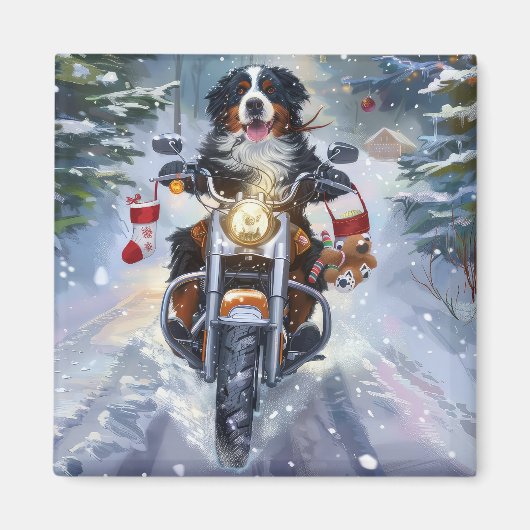 ベルネーズマウンテンドッグオートバイクリスマスに乗る マグネット (正面)