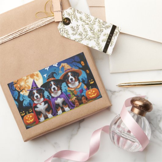 ベルネーズマウンテンドッグスパンプキンハロウィンおもしろい 長方形シール (ギフト)