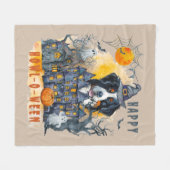 ベルネーズマウンテンドッグハッピーハウルオウィン幽霊ハウス フリースブランケット (正面(横))