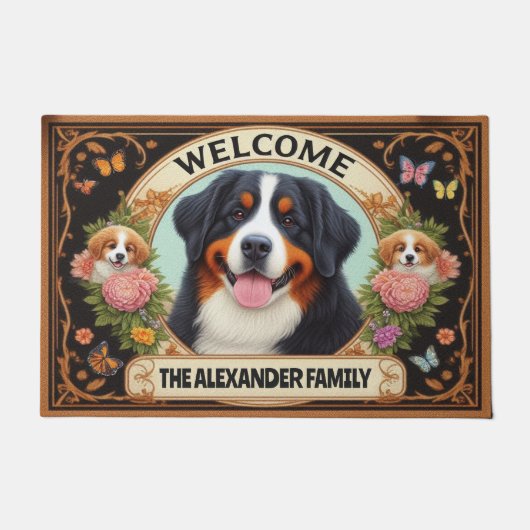 ベルネーズマウンテンドッグフローラファミリー名歓迎 ドアマット (正面)