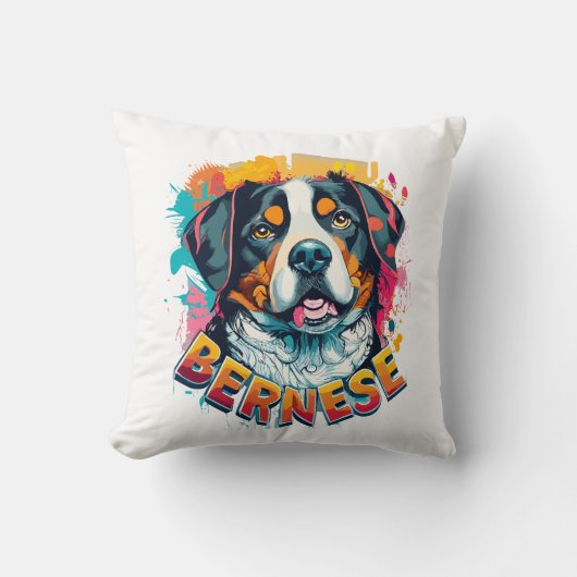 ベルネーズマウンテンドッグヘッド鮮やかカラースプラッシュ クッション (正面)
