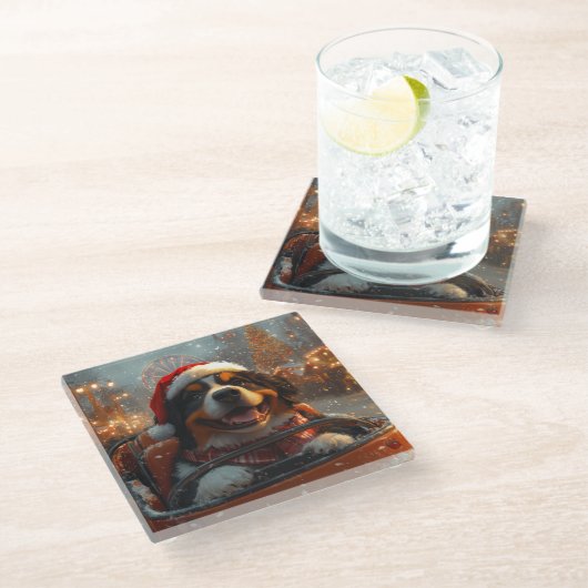 ベルネーズマウンテンドッグローラーコースタークリスマス ガラスコースター (アングル)