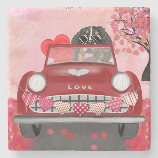 ベルネーズマウンテンドライビングカーとハートバレンタイン ストーンコースター (正面)