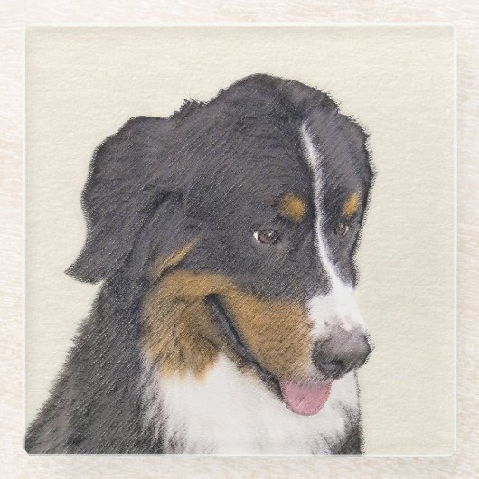 ベルネーズマウンテン絵画ドッグのオリジナル- Bernese Mountain Dog Art ガラスコースター (正面)