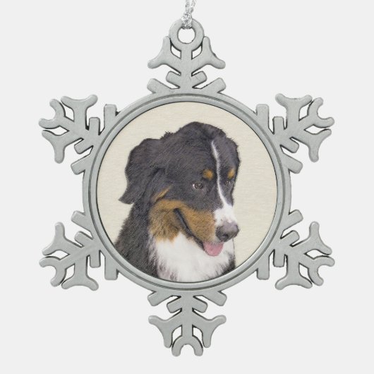 ベルネーズマウンテン絵画ドッグのオリジナル- Bernese Mountain Dog Art スノーフレークピューターオーナメント (正面)