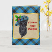 ベルバッジとタータンチェックパーソナライズされたクリスマス カード (黄色い花)