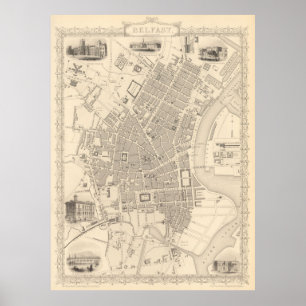 ベルファストアイルランド(1851年)のヴィンテージの地図 ポスター