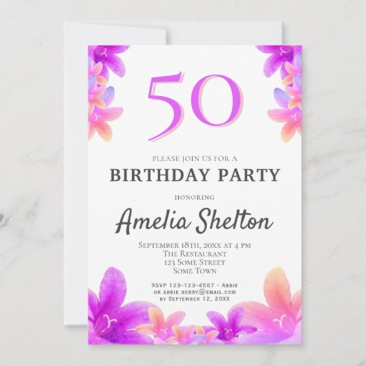 ベルフラワーピンクフローラ50th誕生日パーティー 招待状 (正面)