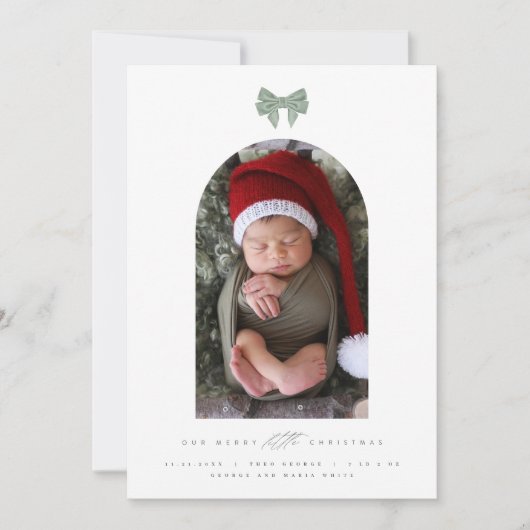 ベルベットの弓とアーチの写真 新しい赤ちゃんのクリスマス シーズンカード (正面)