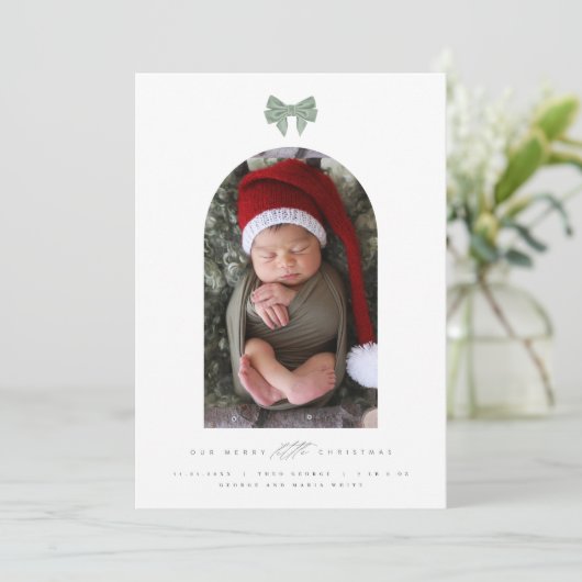 ベルベットの弓とアーチの写真 新しい赤ちゃんのクリスマス シーズンカード (スタンド正面)