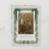 ベルベットの緑の蝶結びとストライプのクリスマス写真カード シーズンカード (正面/裏面)