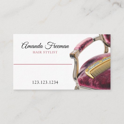 ベルベットダークレッドチェア金ゴールドコーム美容師 名刺 (正面)