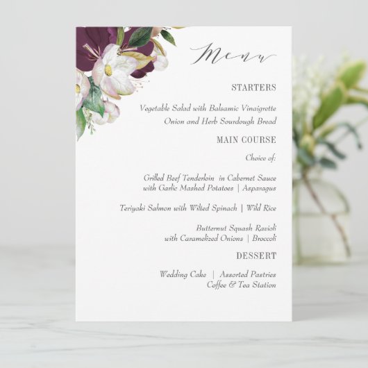 ベルベットマグノリア結婚タイポグラフィまたはディナー メニュー (スタンド正面)