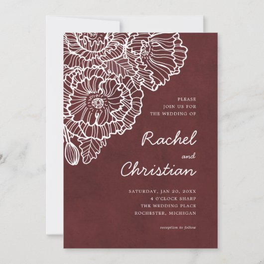 ベルベットレッドと白いラインアートのケシの花 招待状 (正面)