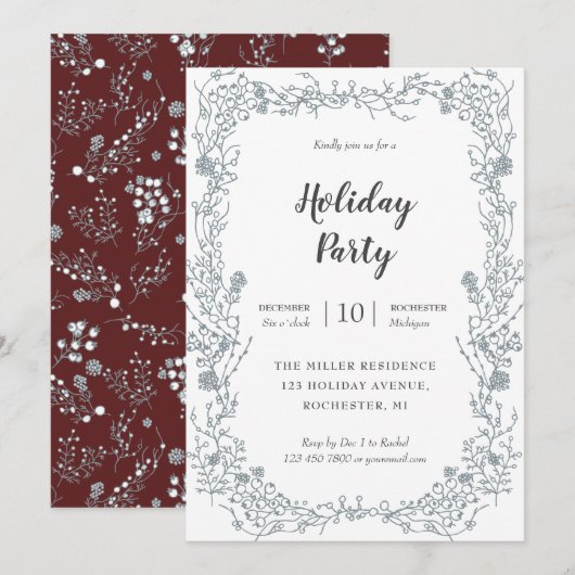 ベルベット赤いホリデーパーティーのホワイトベリーのフレーム 招待状 (正面/裏面)