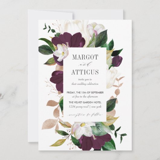 ベルベットMagnoliaとアイボリーの花の幾何学的結婚な 招待状 (正面)