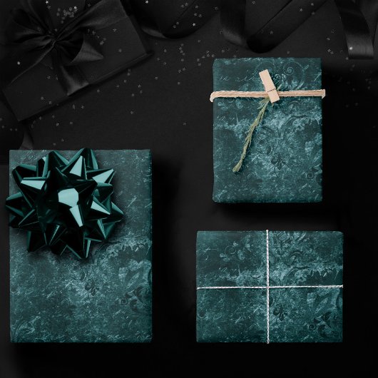 ベルベティティール(緑がかった色)ダマスク |ダークグリーングランジバロック ラッピングペーパーシート