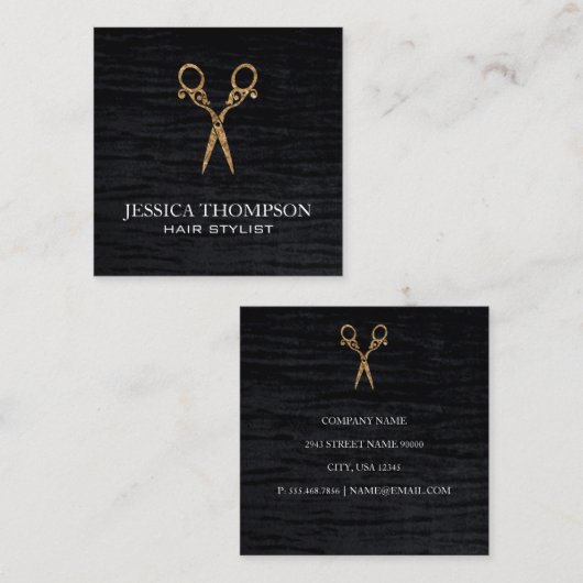 ベルベフェイクットブラックプリントファンシーサロンハサミ スクエア名刺 (正面/裏面)