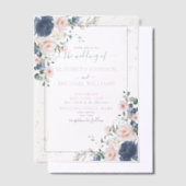 ベルムライトダスティブルー赤面ピンク金ゴールドフローラ ベラム紙招待状 (オフセット)