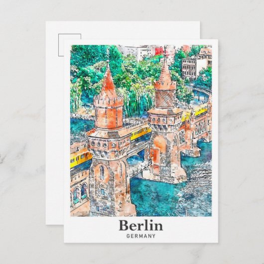 ベルリンドイツ旅行水の色の手描き ポストカード (正面/裏面)