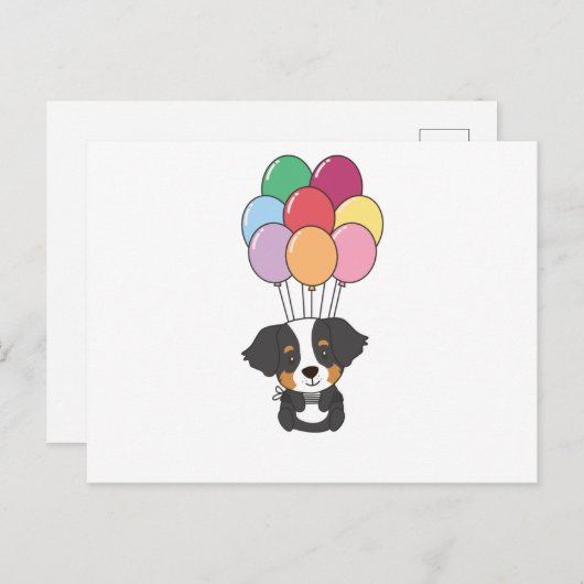 ベルン山岳犬がカラフルな風船と一緒に飛ぶ ポストカード (正面/裏面)