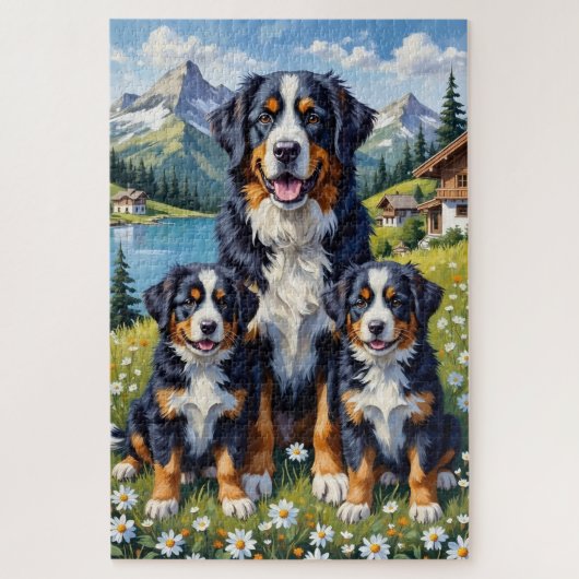 ベルン山岳犬 アルプス高原の花畑 アート ジグソーパズル (縦)