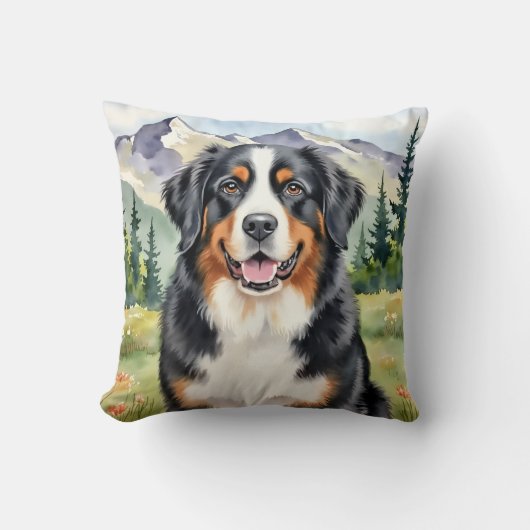 ベルン山犬の水彩アルプスアート クッション (正面)