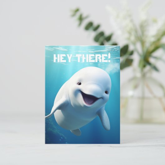 ベルーガクジラの漫画 青緑色の北極海 ポストカード (スタンド正面)