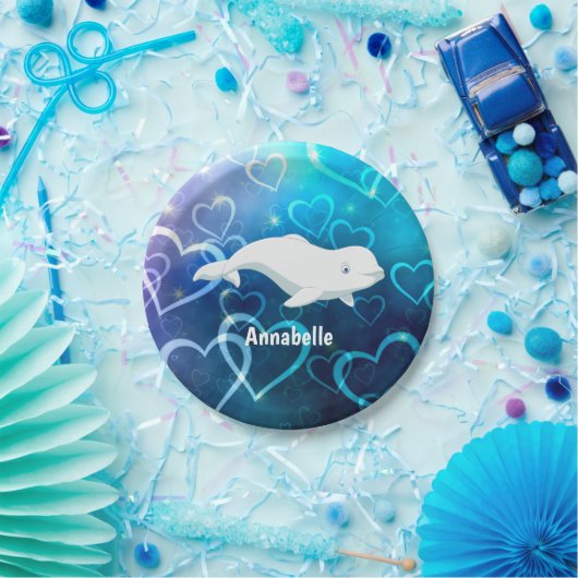 ベルーガパーソナライズされたクジラと青ハート北極圏 ペーパープレート (パーティー)