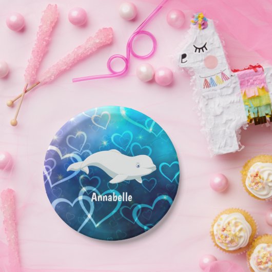 ベルーガパーソナライズされたクジラと青ハート北極圏 ペーパープレート (パーティー)