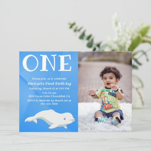 ベルーガホエールアークティック海写真ファースト誕生日 招待状 (スタンド正面)